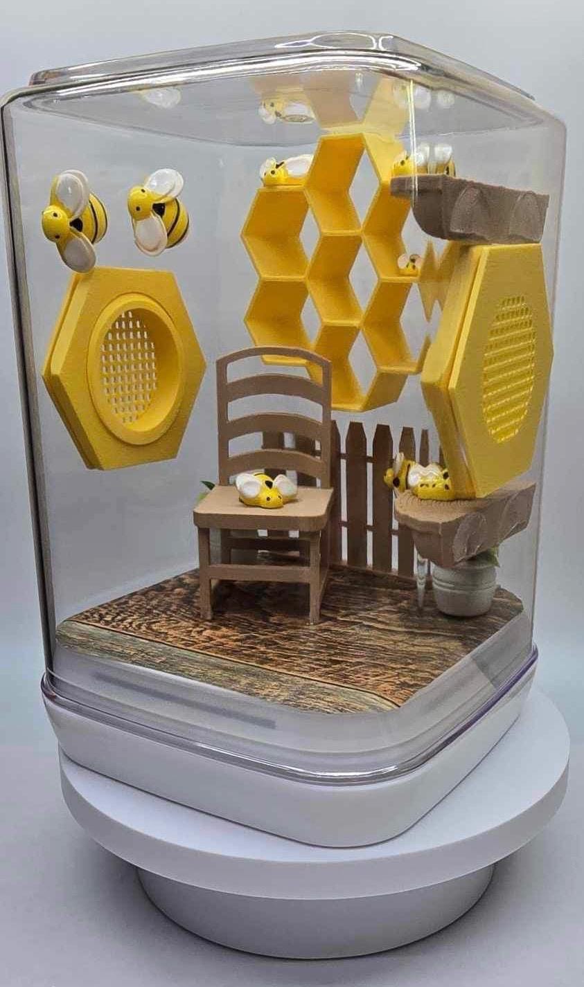 Jumping spider enclosure, bee themed, decorated terrarium.