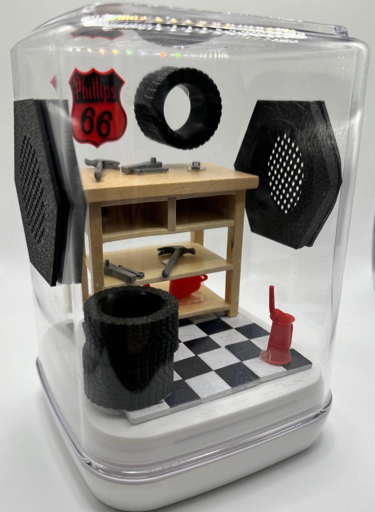 Garage Themed Jumping Spider Enclosure: Decorated Terrarium (5x5x7 in)