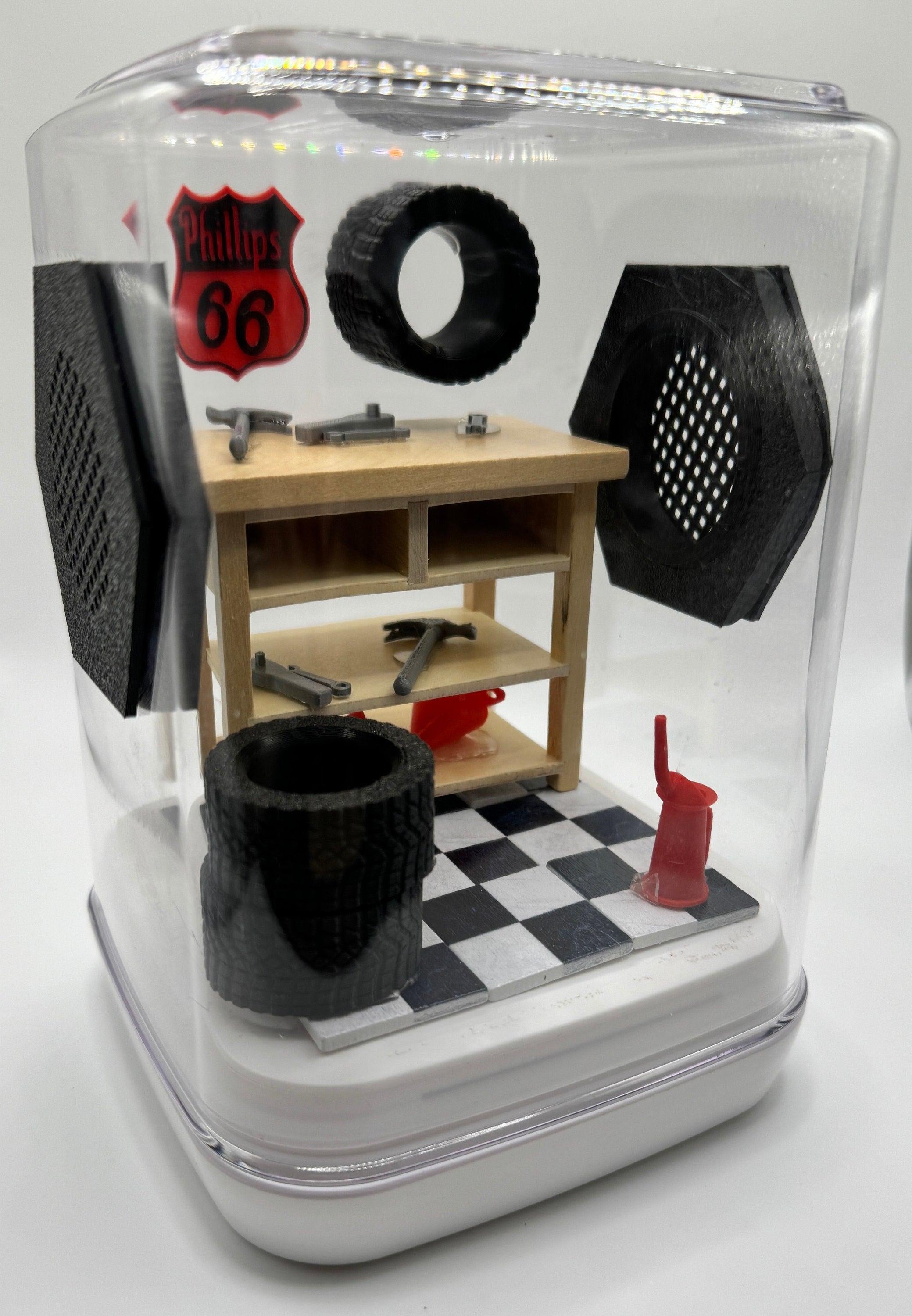 Garage Themed Jumping Spider Enclosure: Decorated Terrarium (5x5x7 in)