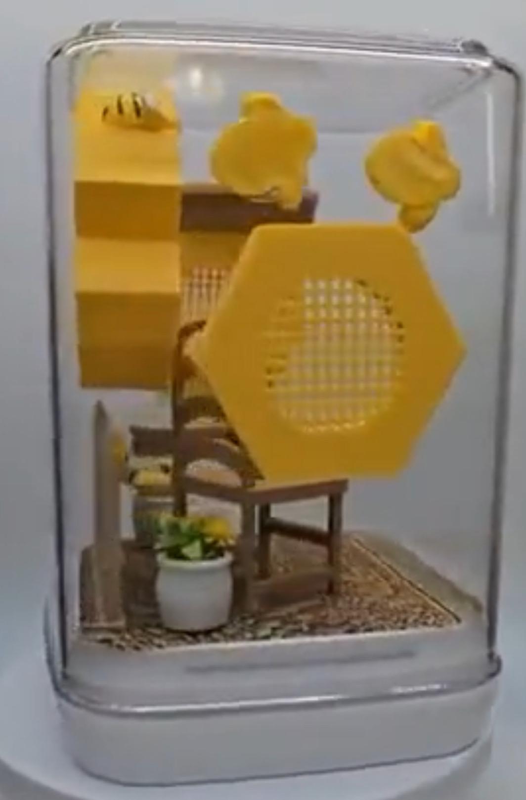Jumping spider enclosure, bee themed, decorated terrarium.