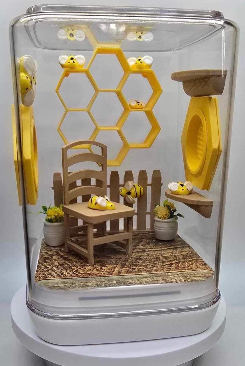 Jumping spider enclosure, bee themed, decorated terrarium.