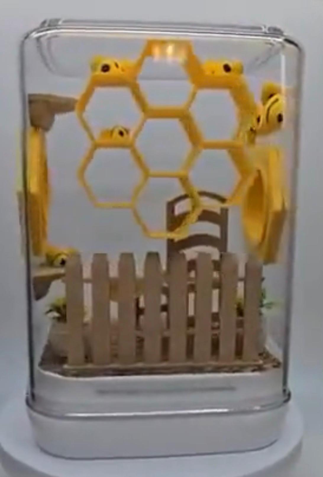 Jumping spider enclosure, bee themed, decorated terrarium.